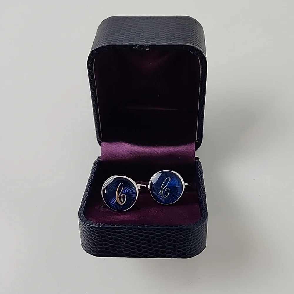 HJ Men's Rhodium Plated 'C' Cufflinks Silver Blue
